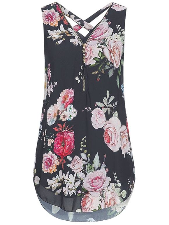 Chemise Imprimée en Mousseline de Soie sans Manches à Double Couche pour Femmes - Noir 4XL
