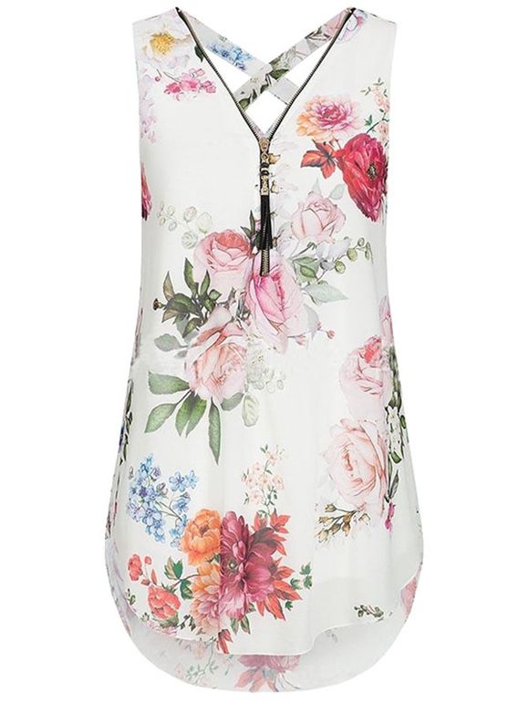 Chemise Imprimée en Mousseline de Soie sans Manches à Double Couche pour Femmes - Blanc XL