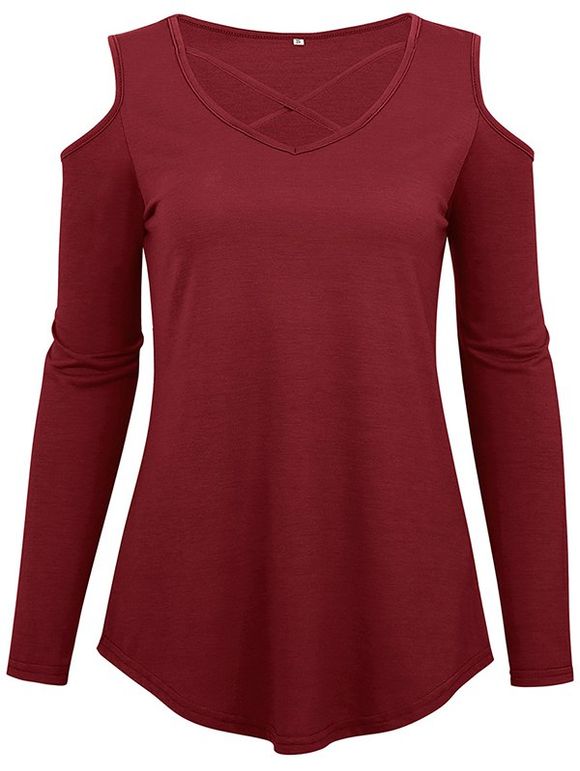 T-shirt slim femme à col V et à épaules dénudées - Rouge Vineux XL