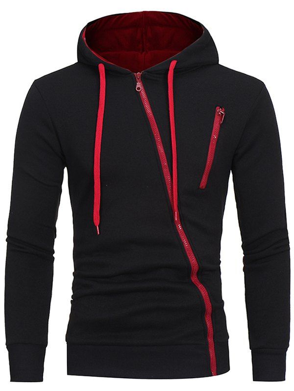 

Features Diagonal Zipper Men's Casual Slim Hoodies, Black
