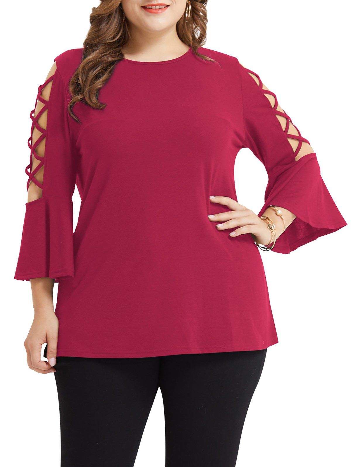 

Plus Size Criss Cross Bell Sleeve T-shirt, Rose red