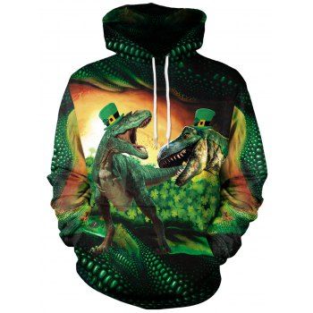 

Kangaroo Pocket Dinosaurs Pattern Hoodie, Dark forest green