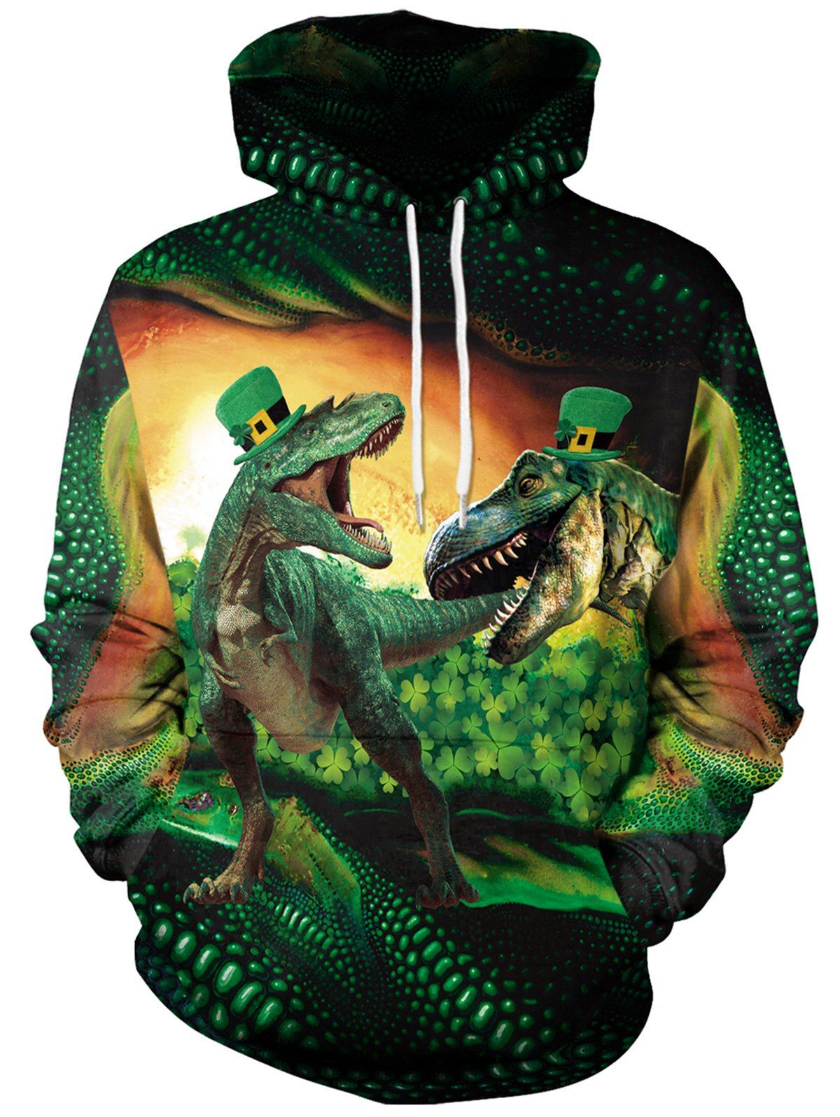 

Kangaroo Pocket Dinosaurs Pattern Hoodie, Dark forest green