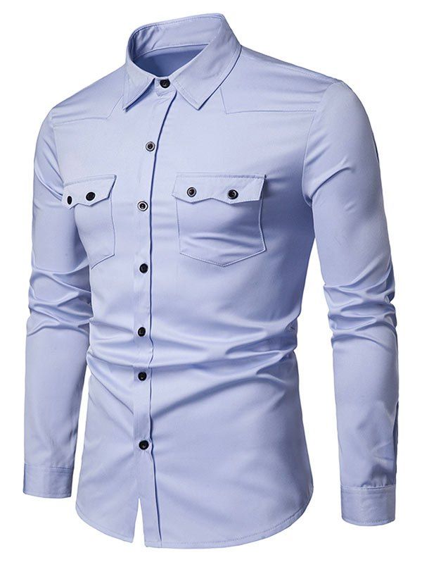 

Chest Flap Pockets Casual Long Sleeve Shirt, Light blue