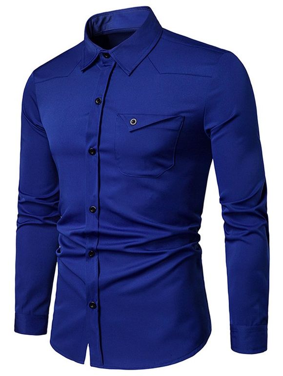 Chemise avec Poche Poitrine à Manches Longues - Bleu M