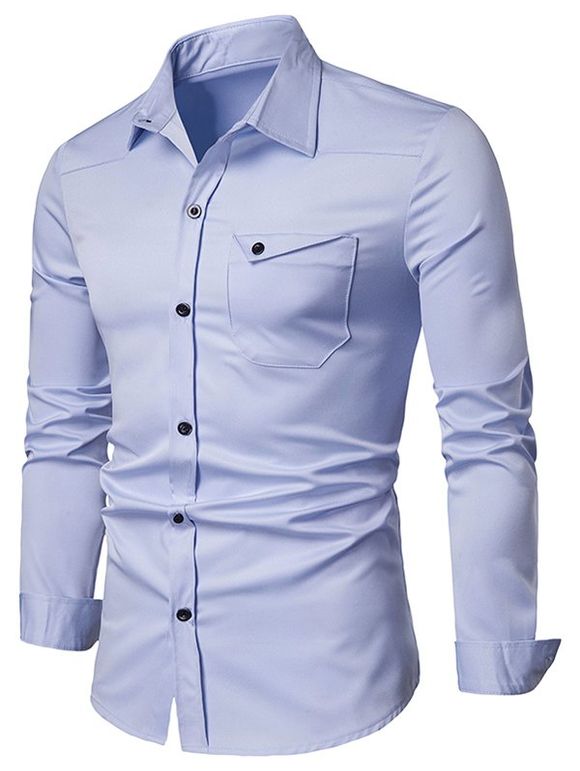 Chemise avec Poche Poitrine à Manches Longues - Bleu clair XL