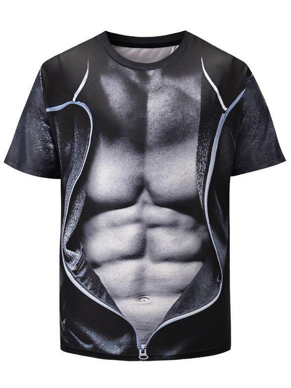 T-shirt 3D Muscle et Fausse Veste Imprimé à Manches Courtes - Gris Ardoise Foncé L