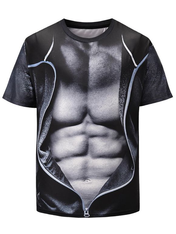 T-shirt 3D Muscle et Fausse Veste Imprimé à Manches Courtes - Gris Ardoise Foncé XL