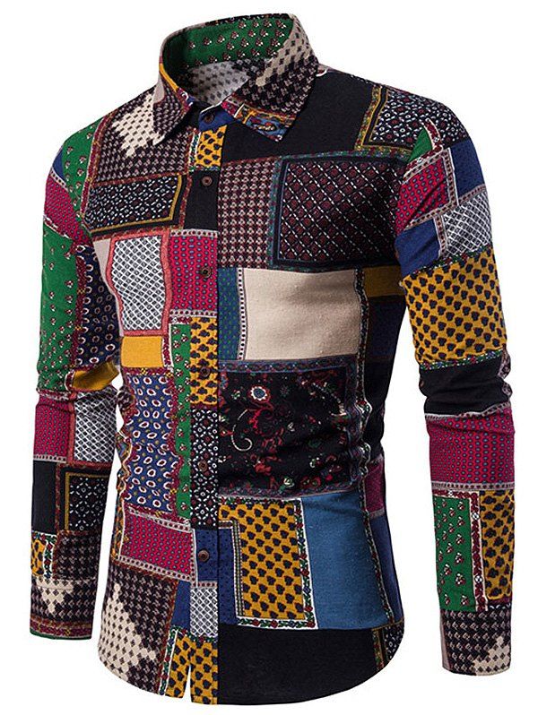 

Button Up Ethnic Geometric Print Shirt, Multi