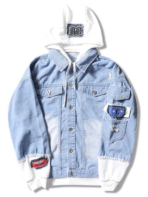 

Letter Number Applique Embellished Distressed Hooded Jacket, Light blue