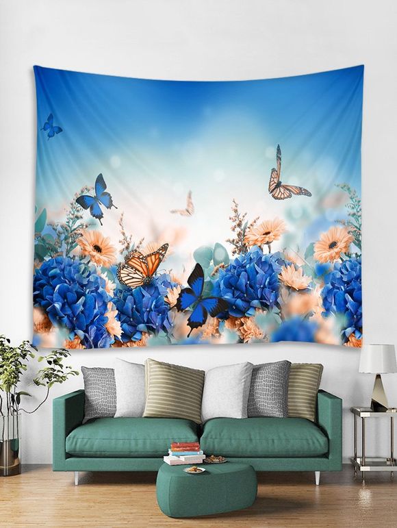 Tapisserie Art Décoration Murale Pendante Fleur et Papillon Imprimés - Bleu Ciel W79 X L59 INCH