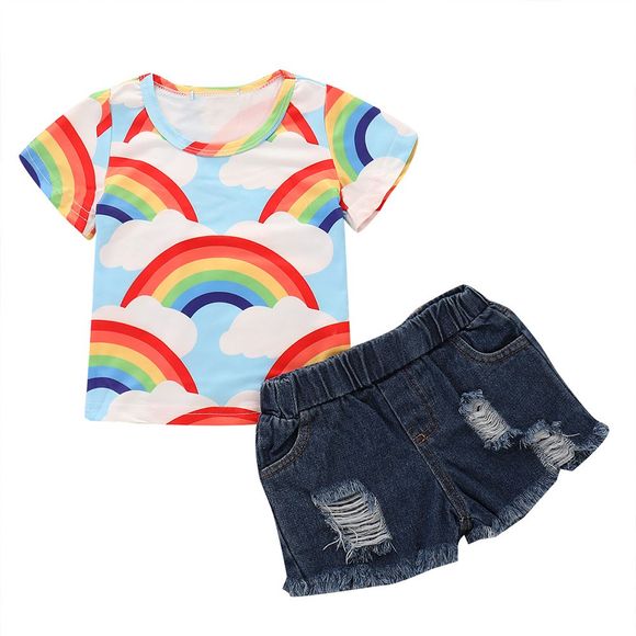 TZY22639 Haut à manches courtes pour enfants avec motif arc-en-ciel + Short en jean imperméable délavé - multicolor A 4-5YEARS