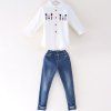 Ensemble de jeans pour filles, confortable avec une lettre imprimée et une chemise blanche - Blanc 12-13YEARS（160CMSOLDIER）