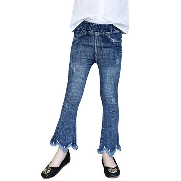 KH0104 Jeans de fille à pompon évasé à la mode élastique fin - Paon Bleu 12-13YEARS（160）