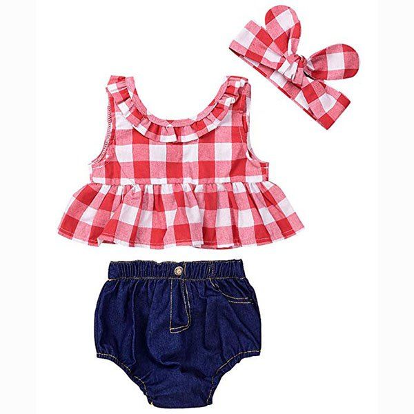 

12 - YA114 Baby Plaid Shirt Denim Shorts Headband Three-piece, Multi-a