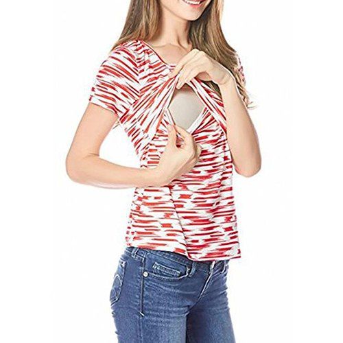 T-shirt d'Allaitement à Couture à Rayures de Mode d'Été pour Femmes Enceintes - Rouge 2XL