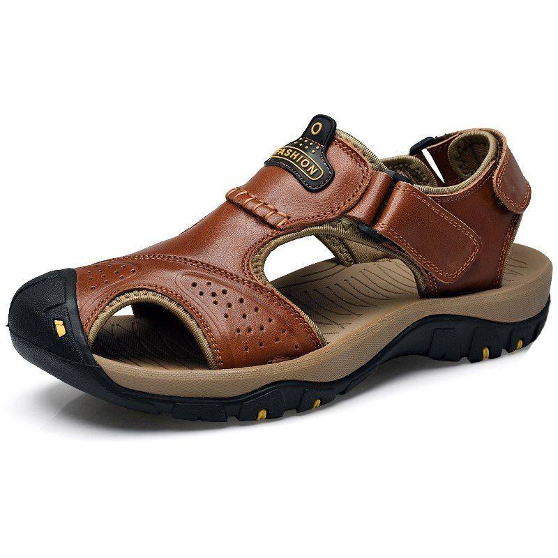 

Summer Leather Sandals Men Non-slip Casual Outdoor Large Size Shoes, Light brown