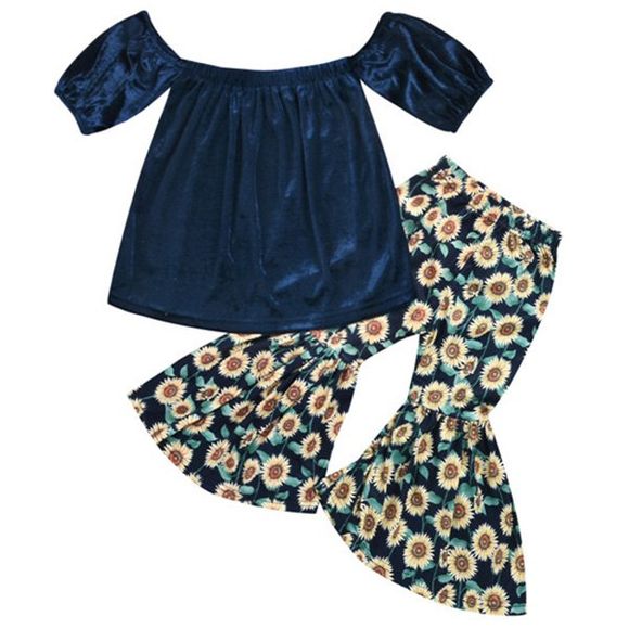 Costumes pour filles Tops à col large et à manches longues Pantalons évasés Sun Flower - Bleu de Minuit 1-2YEARS（90）