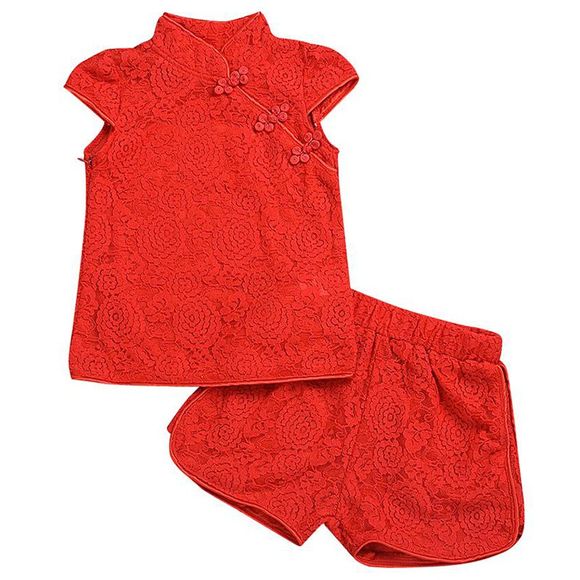 T-shirt Fille Shorts Ensemble Deux Pièces Motifs De Dentelle Style Cheongsam - Rouge Lave #9(3-4Y)