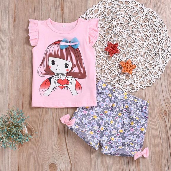 T-shirt imprimé fille costume à fleurs - Rose clair XL（4-5Y）