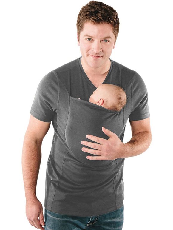 T-shirt Big Kangaroo Pocket pour Maman / Papa Manches Courtes - Cuirassé Gris DAD  XL