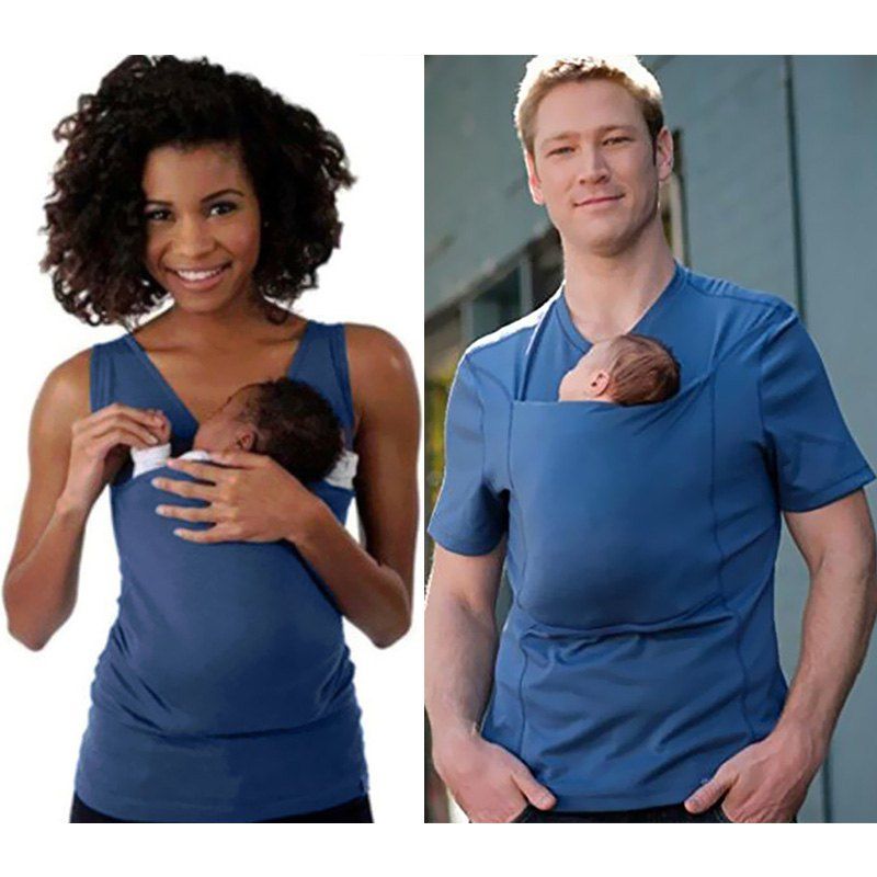 

Big Kangaroo Pocket T-shirt for Mom / Dad Short Sleeves, Silk blue