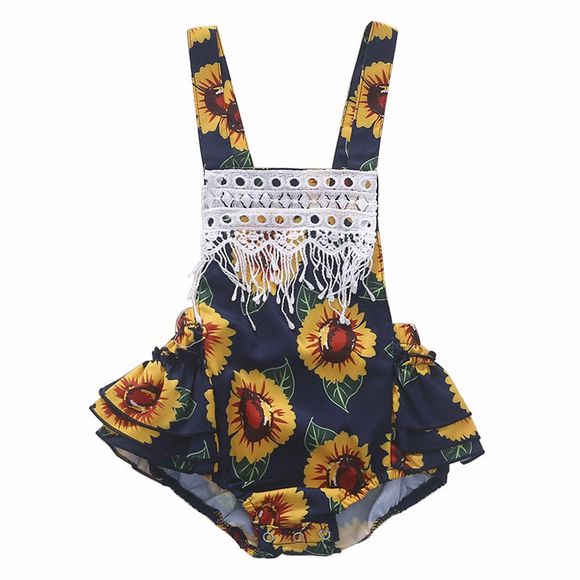 1267 Girls Cotton Sunflower Flower Print Tassel Romper Jumpsuit - CARBON FIBER BLACK 2-3YEARS(90CM)