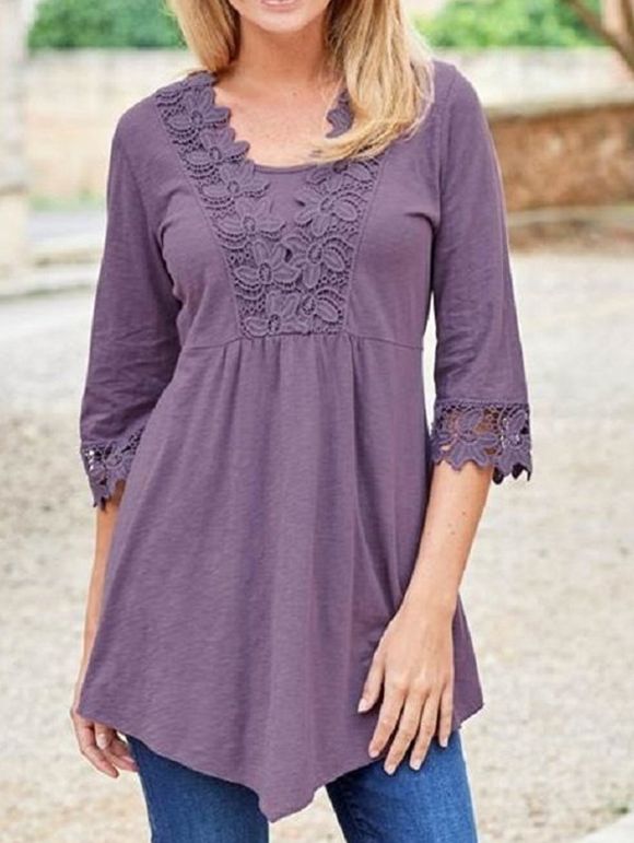 T-shirt Femme Coudre Dentelle Irrégulière - Pourpre Moyen 2XL