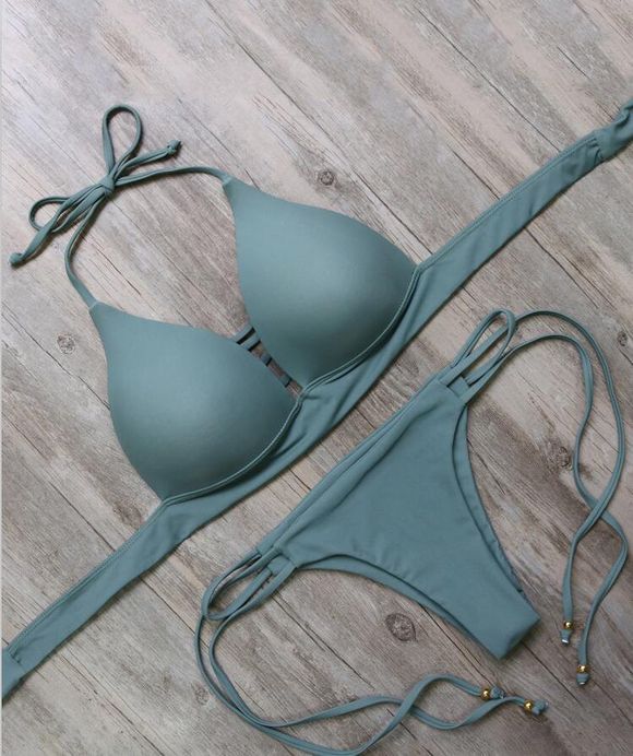 Halter Neck Strappy bikini rembourré Set - Vert profond M