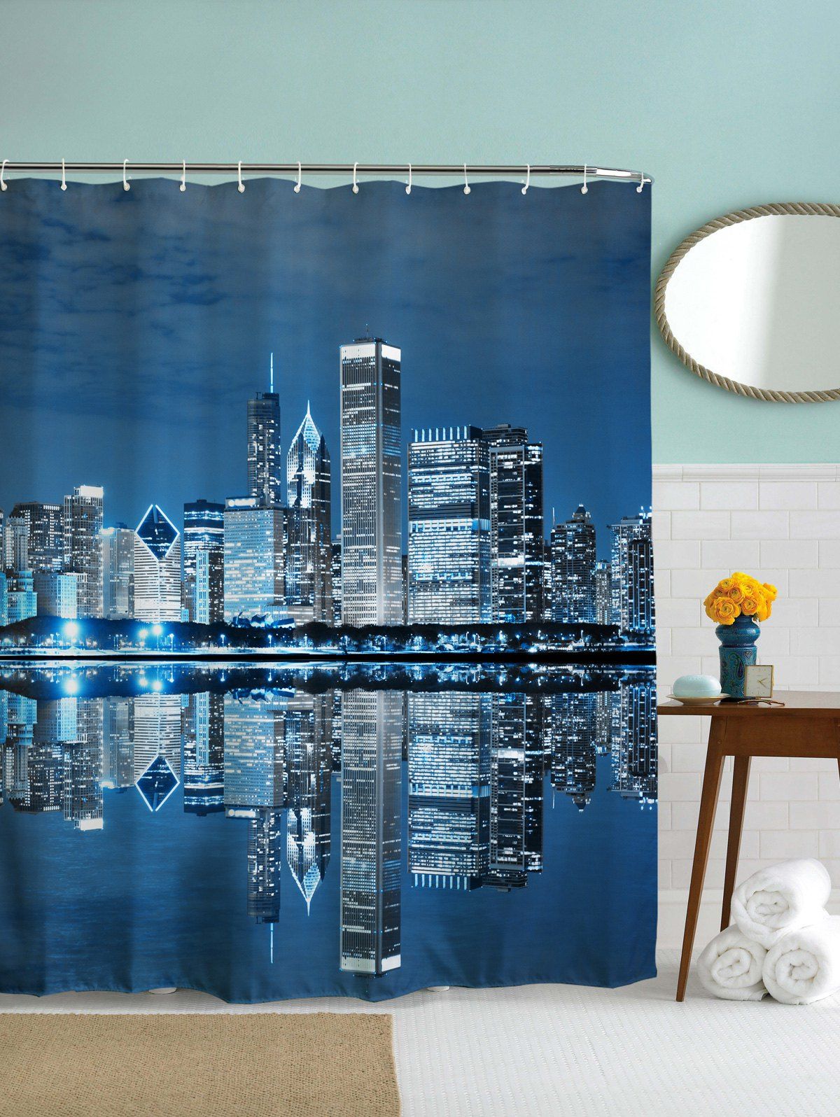 

Night of City Print Waterproof Polyester Shower Curtain, Distant blue
