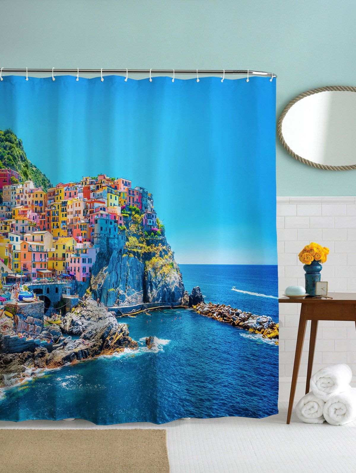 [41% OFF] 2022 Mediterranean Fishing Villages Print Waterproof Shower