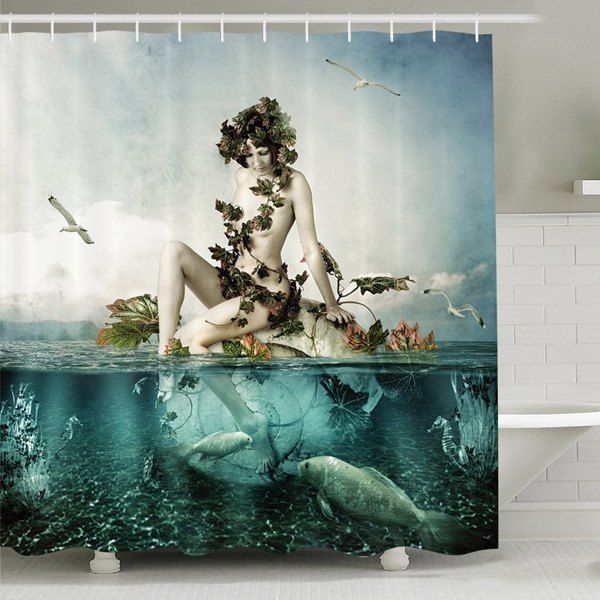 

Waterproof Mouldproof Mermaid Shape Print Shower Curtain, Lake blue