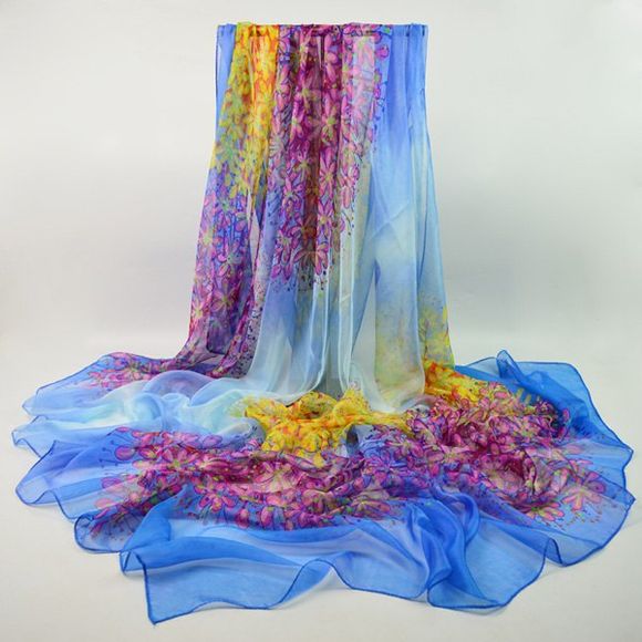 Petit imprimé floral Ombre Écharpe en mousseline de soie - Bleu 
