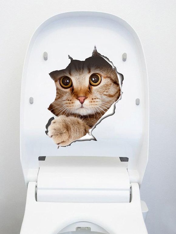Autocollant de Siège de Toilette Créatif Motif Chat 3D - Brun 