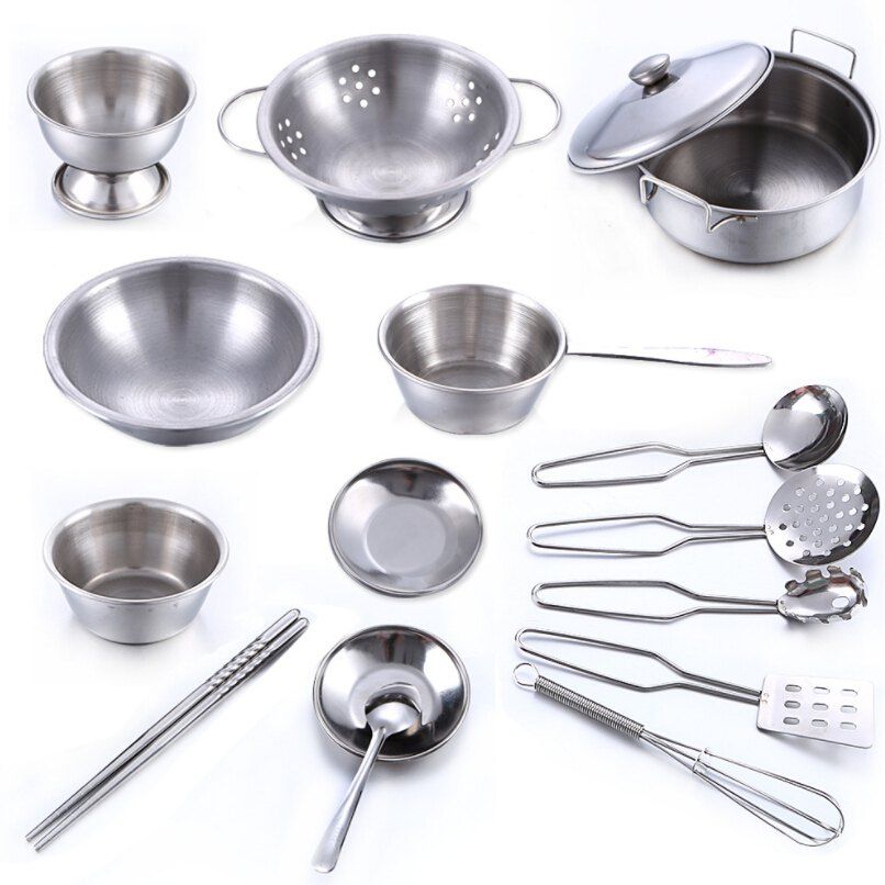 

Ultra-resistant Drop of Stainless Steel Kitchen Utensils Toys 16pcs for Children, Silver
