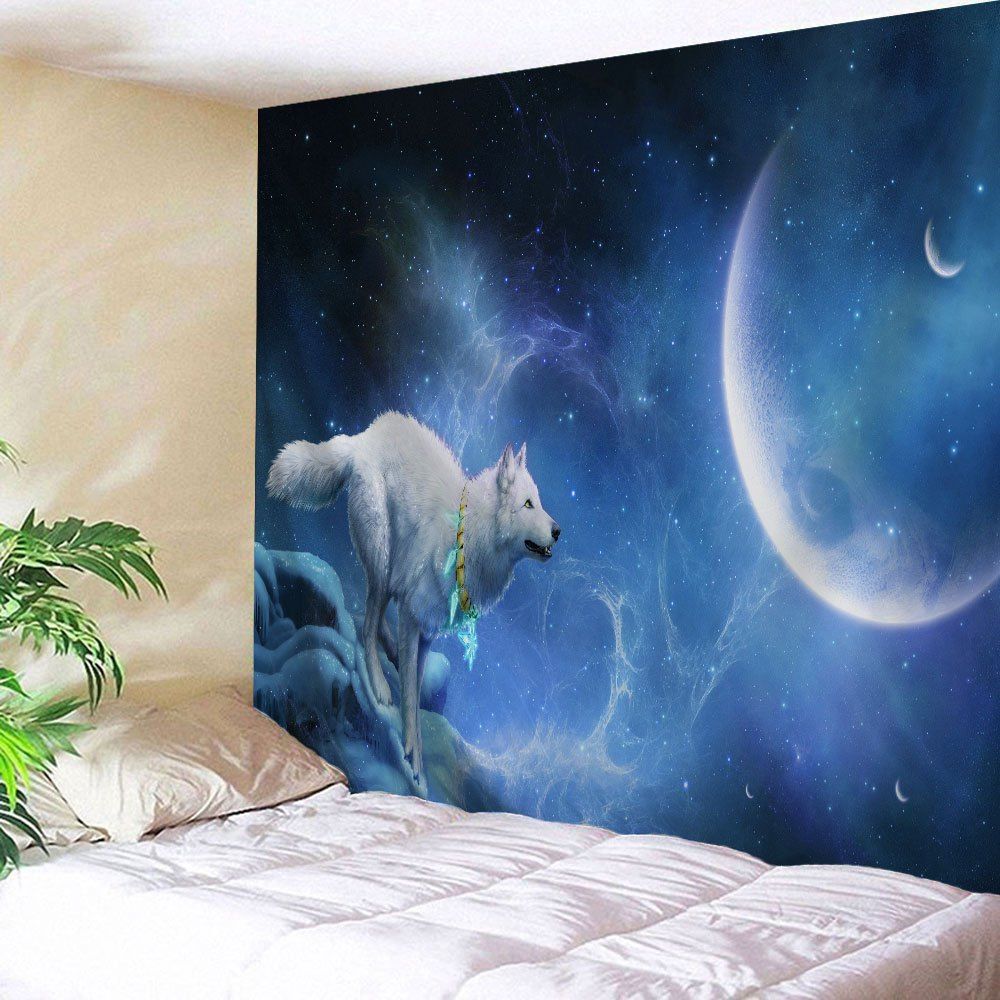 

Wall Hanging Wolf Moonlight Print Tapestry, Night blue