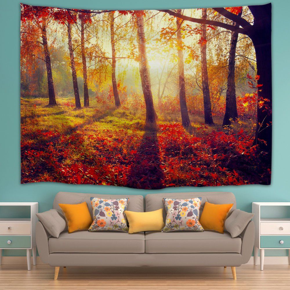 2018 Autumn Sunshine Forest Bedroom Wall Tapestry ORANGE RED W INCH L ...