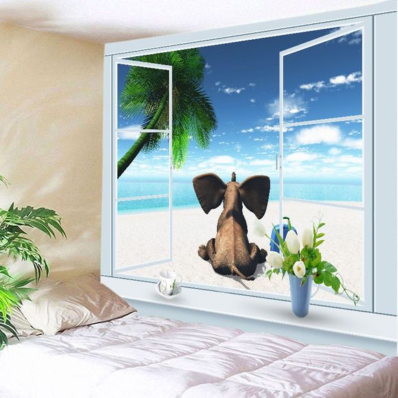 Window Beach Elephant Print Tapestry Wall Hanging Art - Pers W59 INCH * L51 INCH