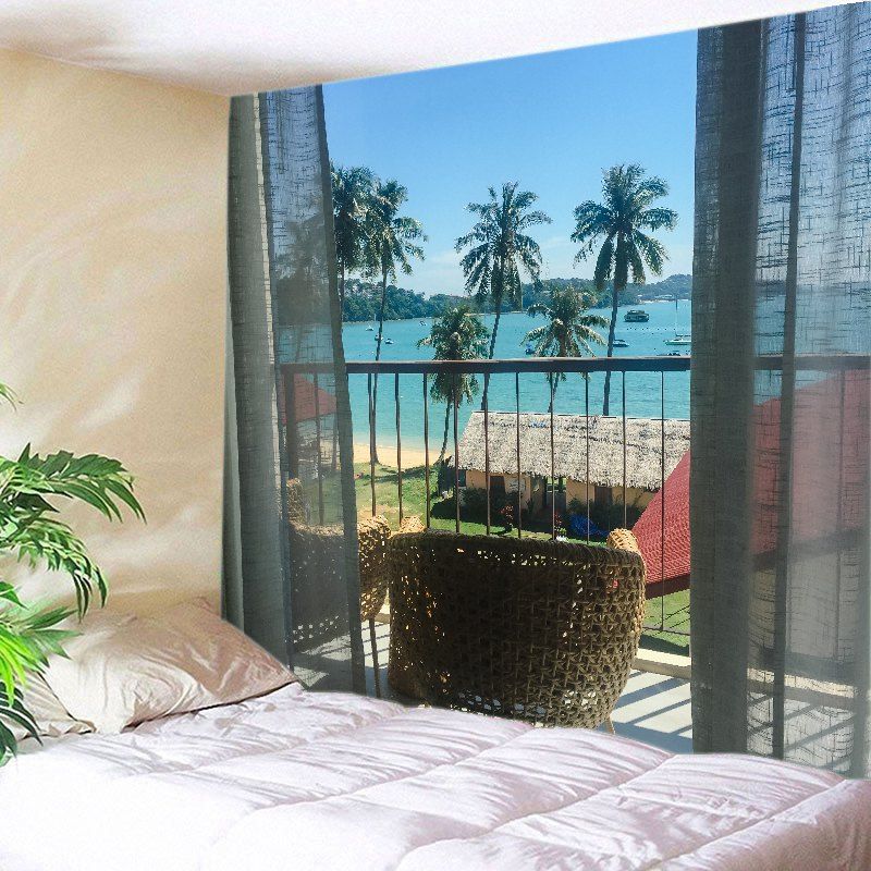 

Balcony Beach Trees Print Tapestry Wall Hanging Art, Lake blue