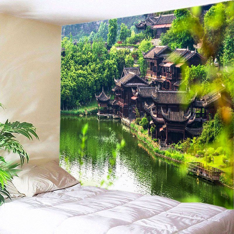 

Retro Building Lake Print Tapestry Wall Hanging Art, Green
