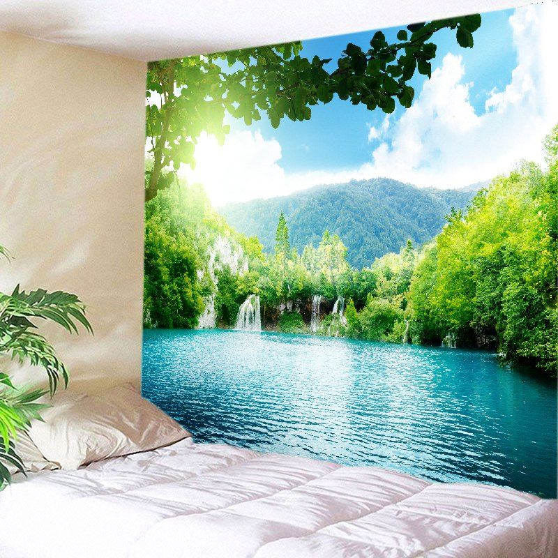 

Moutain Falls Lake Print Tapestry Wall Hanging Art, Green