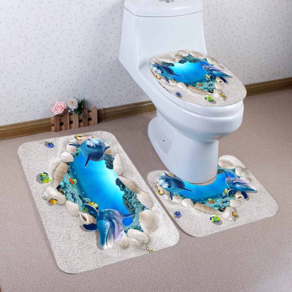 17 Off 2020 3d Ocean Dolphin Pattern 3 Pcs Bathroom Toilet Mat