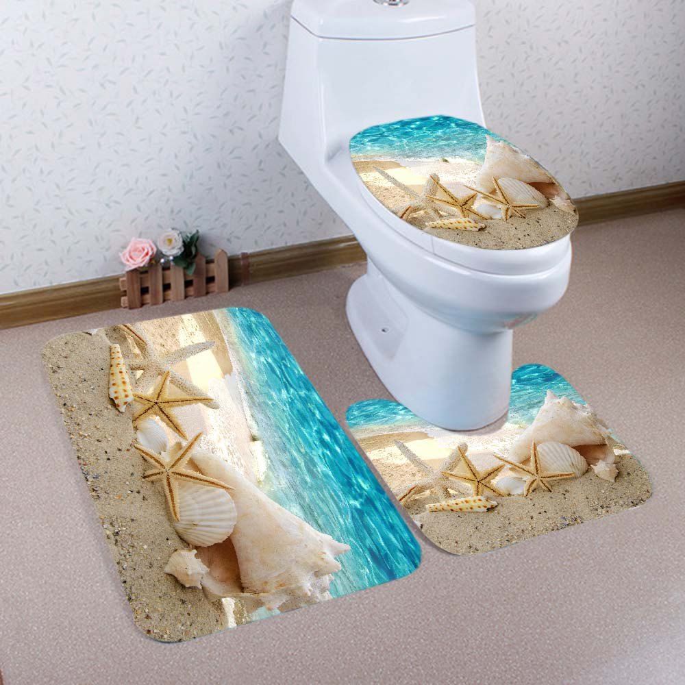 

Beach Conch Starfish Pattern 3 Pcs Bathroom Toilet Mat, Lake blue