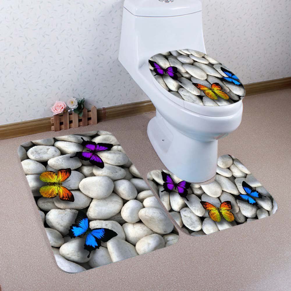 

Butterfly Stones Pattern 3 Pcs Bathroom Toilet Mat, White
