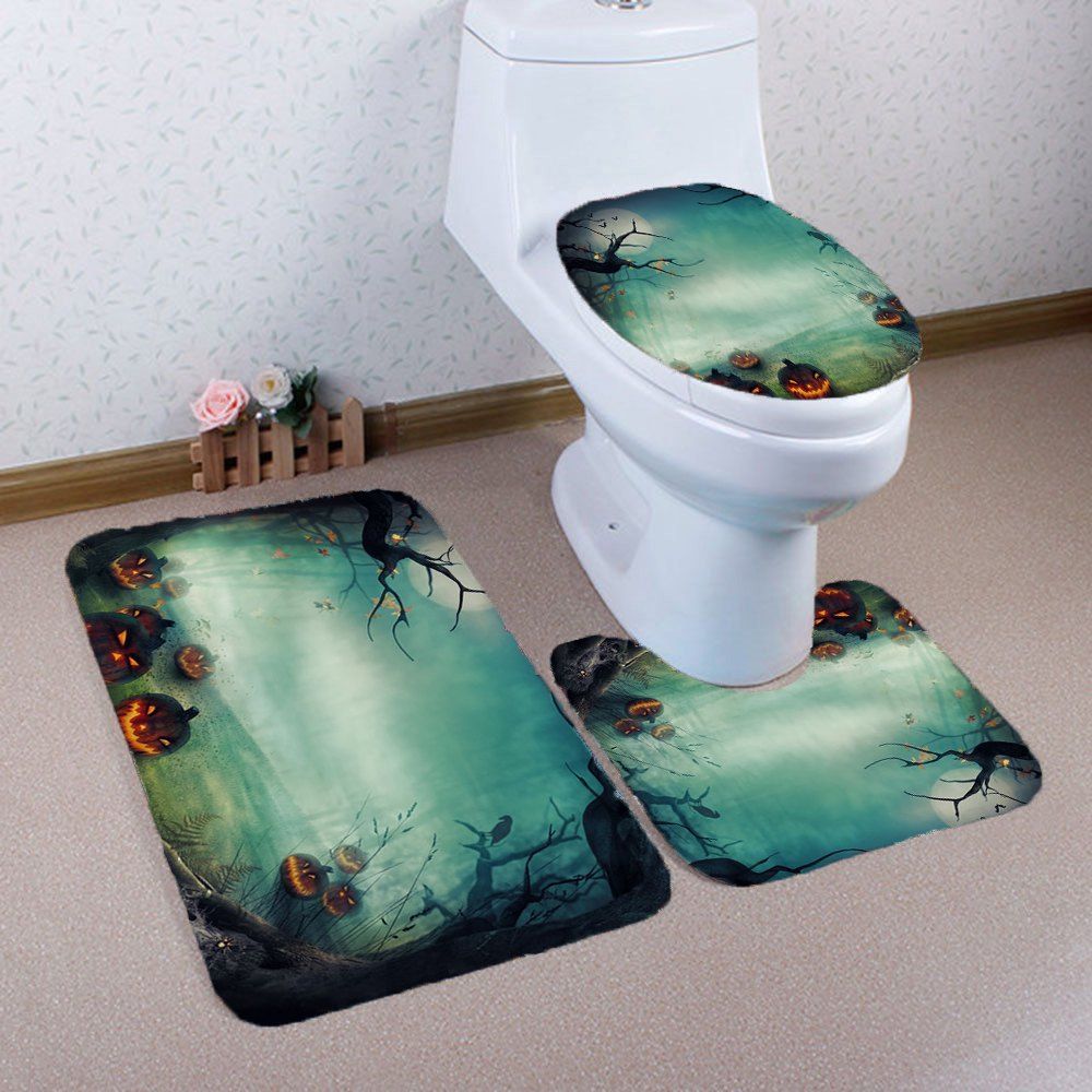 

3Pcs Halloween Pumpkin Printed Bathroom Mats Set, Green