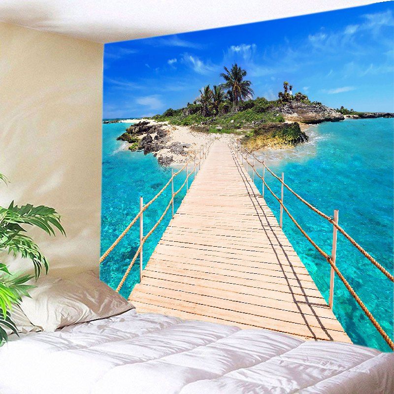 

Ocean Bridge Island Print Tapestry Wall Hanging Art, Lake blue