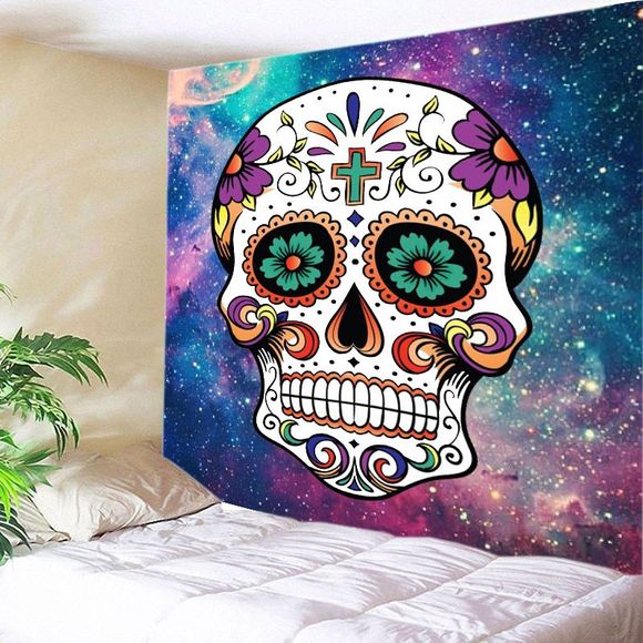 Galaxy Floral Skull Print Tapestry Wall Hanging Art - multicolore W91 INCH * L71 INCH