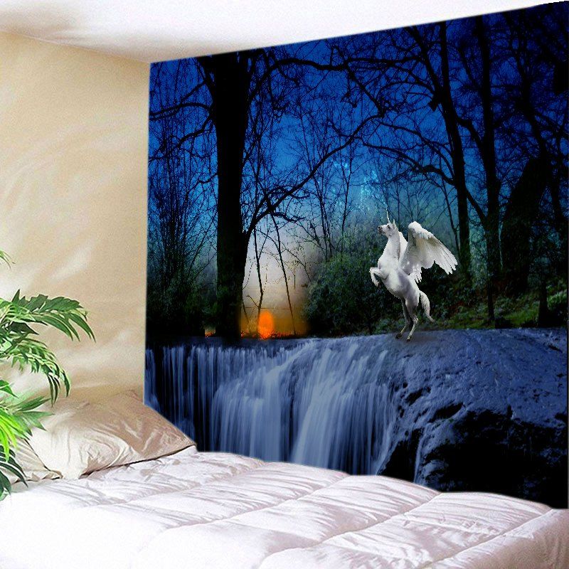 

Trees Falls Unicorn Print Tapestry Wall Hanging Art, Deep blue