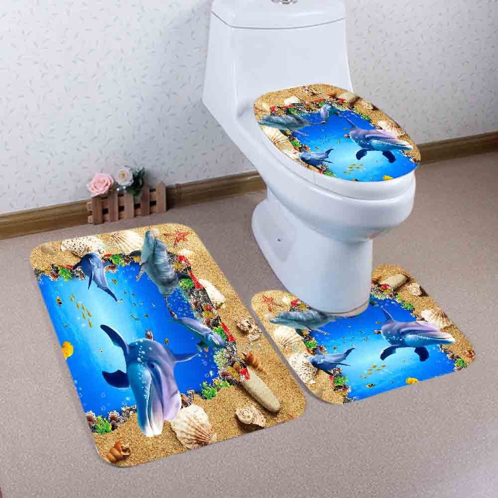 

Beach Ocean Dolphin Pattern 3 Pcs Bathroom Toilet Mat, Blue
