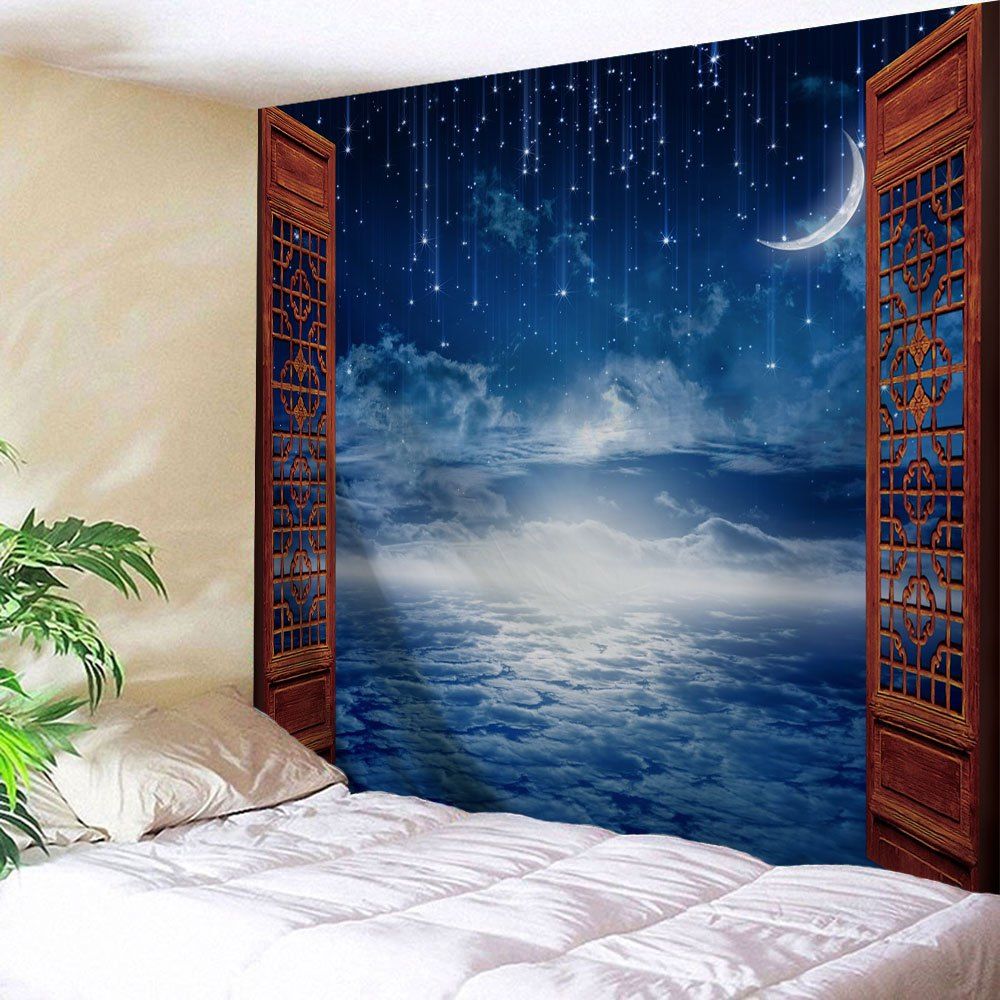 

Window Moon Starry Sky Print Tapestry Wall Hanging Art, Blue